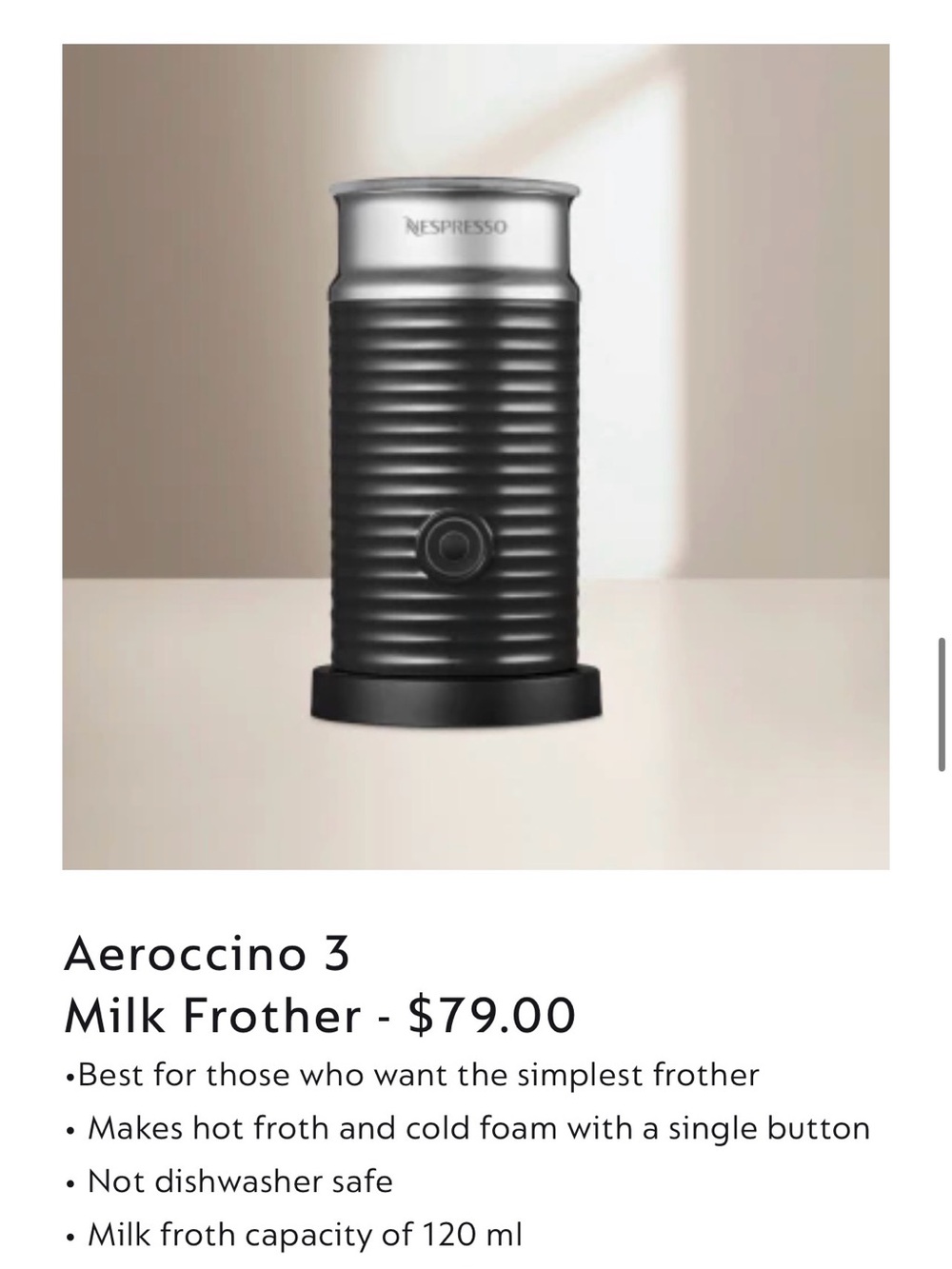Nespresso Aeroccino 3 Milk Frother in Black and Silver